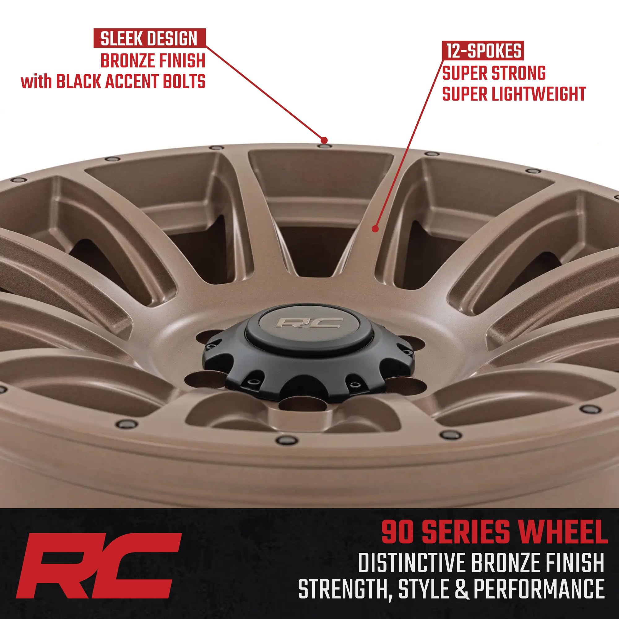 90 Series Rough Country 18x9 Off-Road Wheels for Trucks, Bronze Finish with Black Accent Bolts, One Piece Aluminum, Multi-Spoke Design Truck Rims (18 x 9 in, 6 x 135mm, -12 mm Offset)