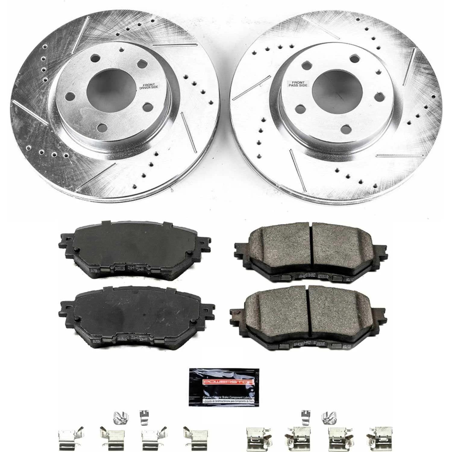 Power Stop K7517 Z23 Carbon Fiber Brake Pads Front with Drilled & Slotted Brake Rotors Kit For Mazda 3 2017-2018 [Model Specific]