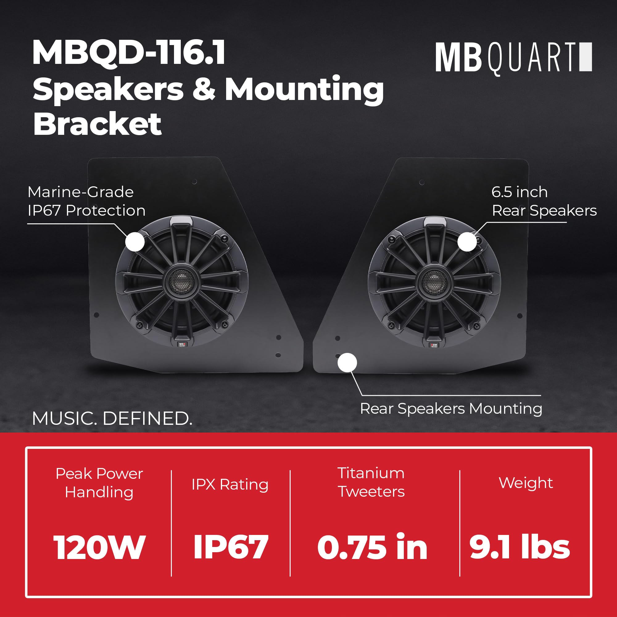MB Quart Tuned Can-Am Defender Rear Speaker Kit 6.5-Inch Coaxial 2-Way Speakers with 0.75" Titanium Tweeters and Mounting Brackets, Black