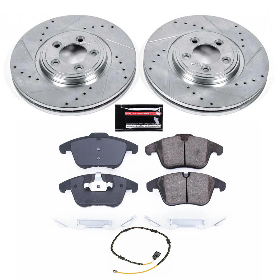 Power Stop K7680 Z23 Carbon Fiber Brake Pads Front with Drilled & Slotted Brake Rotors Kit For Jaguar XF 2013-2015 [Model Specific]