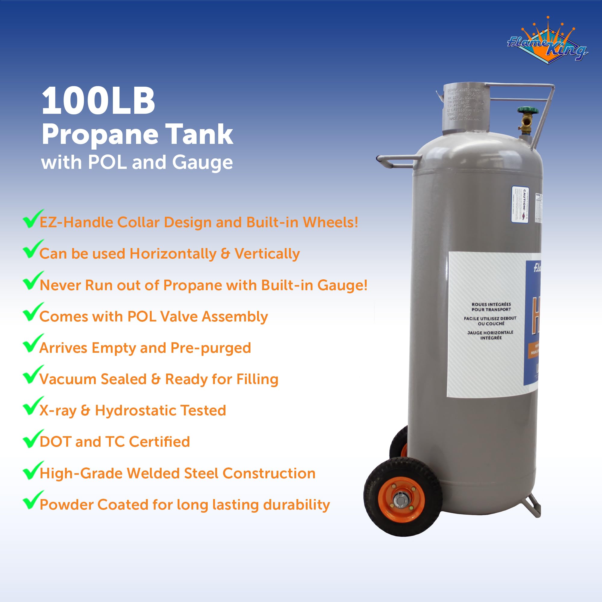 100LB Flame King Empty Propane Tank with Wheels, Horizontal & Vertical LP Cylinder with Built-in Gauge for Fire Tables, Fire Pits, Patio Heaters, Barbeques, Lunch Trucks, Weed Torches & Truck Campers
