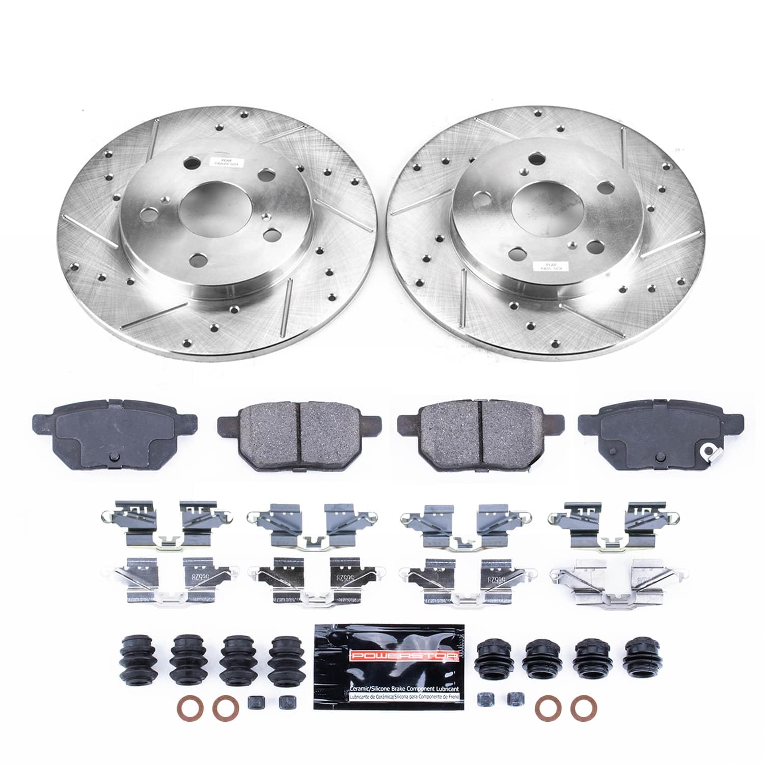 Rear Z23 Brake Pads and Rotors Brake Kit POWERSTOP with Red Powder Coated Calipers For Scion xB 2008-2015 [Vehicle Specific]