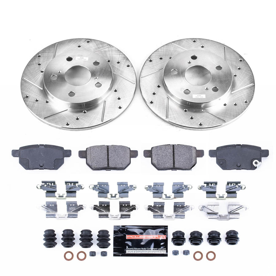 Rear Z23 Brake Pads and Rotors Brake Kit POWERSTOP with Red Powder Coated Calipers For Scion xB 2008-2015 [Vehicle Specific]