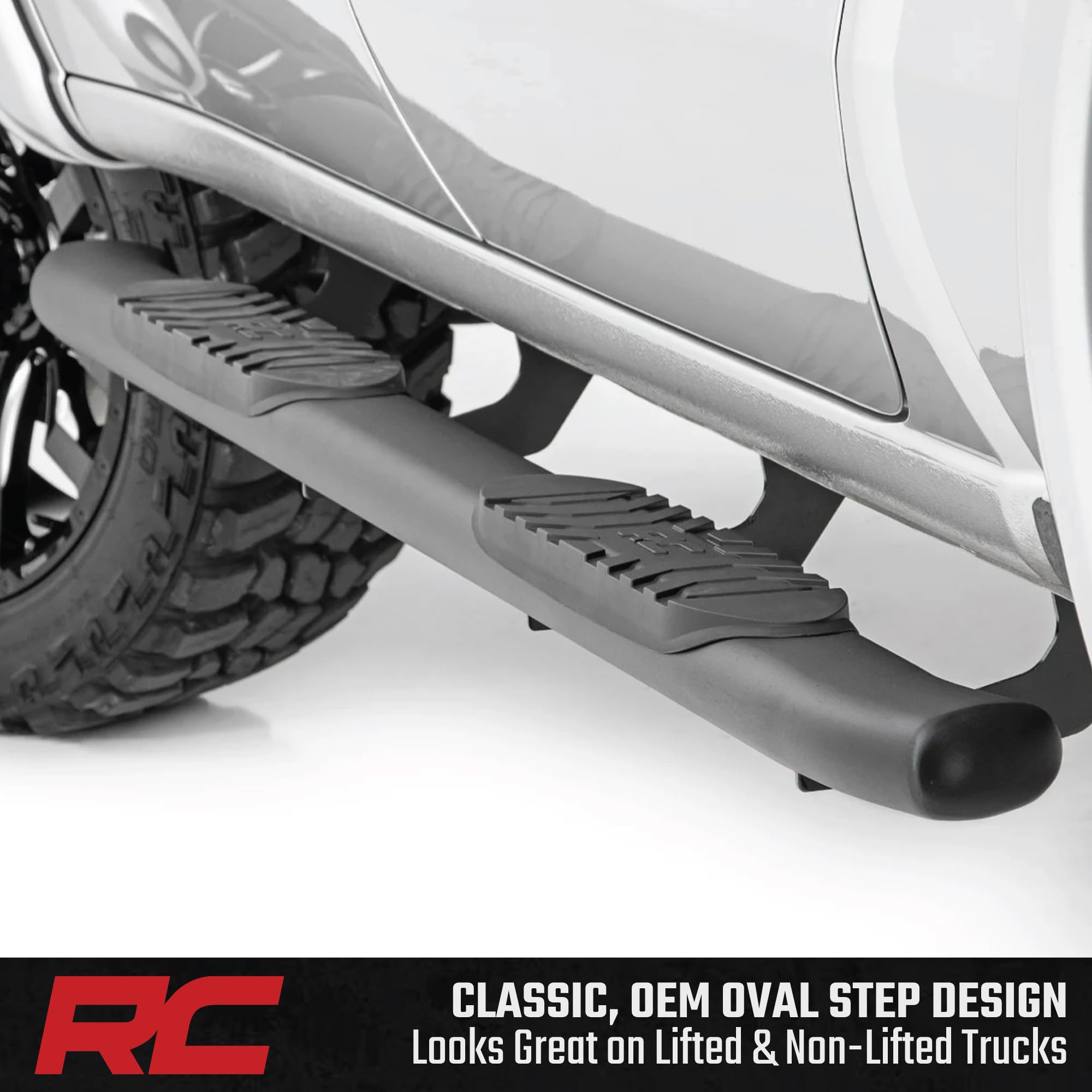 Rough Country Nerf Steps Oval for Chevy Silverado & GMC Sierra 1500/2500HD/3500HD Crew Cab (2019-2026) - OEM Style Rails with Built-in Side Steps