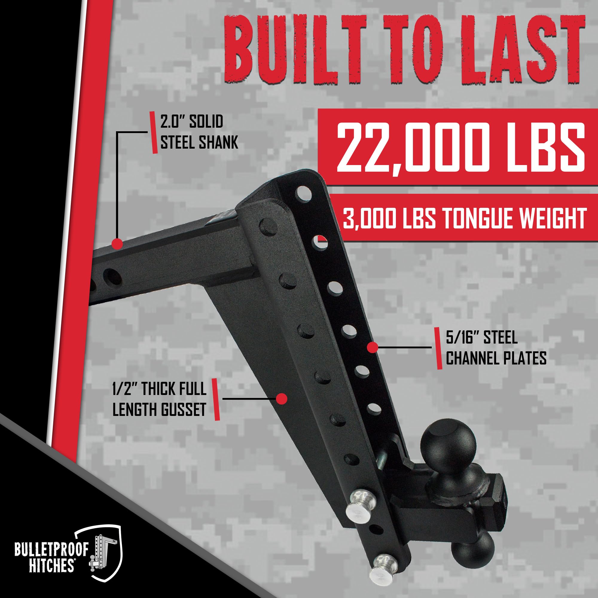 2.0" BulletProof Hitches Adjustable Heavy Duty Trailer Hitch (22,000 lb. Rating) - 12" Drop/Rise Trailer Hitch with 2" & 2-5/16" Dual Ball - Powder Coat, Solid Steel, Corrosion-Resistant