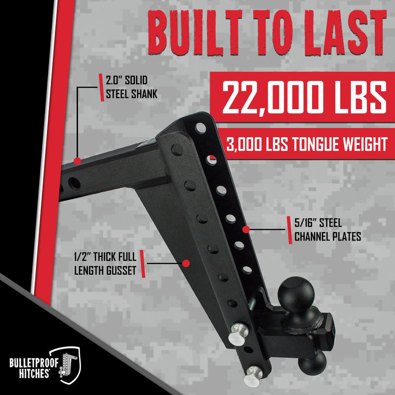 2.0" BulletProof Hitches Adjustable Heavy Duty Trailer Hitch (22,000 lb. Rating) - 12" Drop/Rise Trailer Hitch with 2" & 2-5/16" Dual Ball - Powder Coat, Solid Steel, Corrosion-Resistant