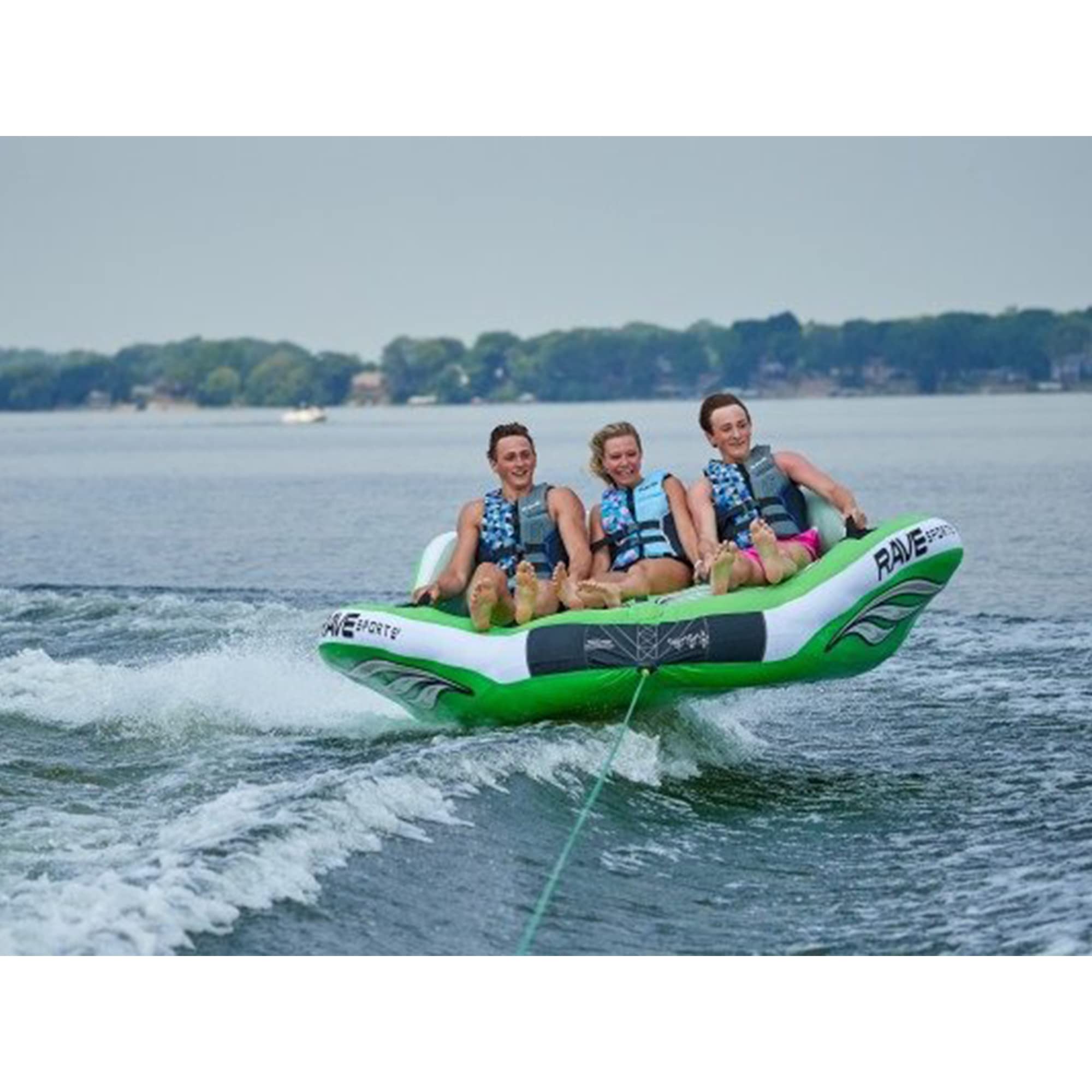 3 Person RAVE Sports Inflatable Durable Nylon Wake Hawk Towable Boating Water Tube Raft with 6 Handles, Knuckle Guards, and 2 Air Chambers, Green