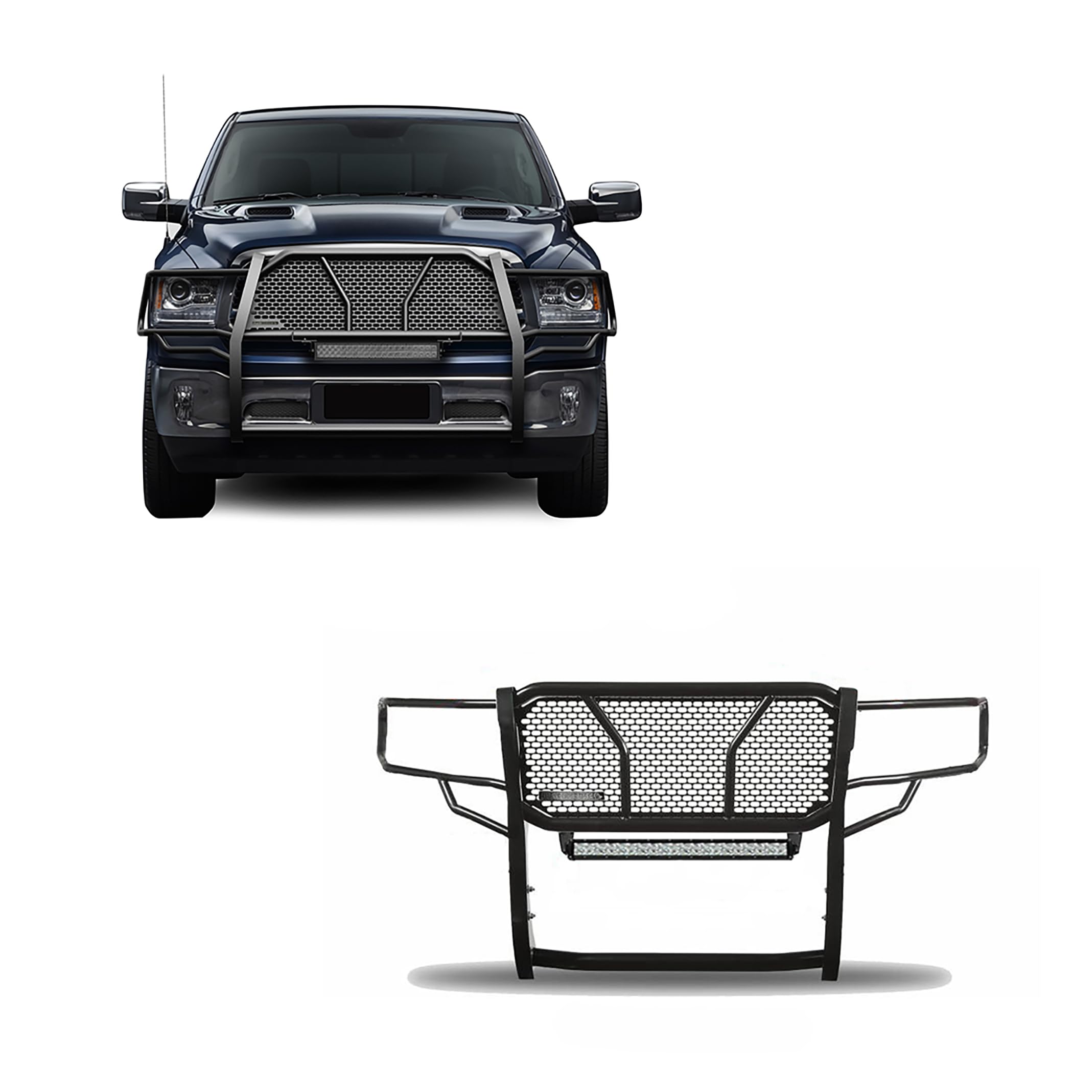 RUGGED Black Horse Heavy Duty Grille Brush Bumper Guard Modular Black Come with 20" Double Row LED Light Compatible with 2019-2024 Ram 1500 Classic|2009-2018 Ram 1500-RU-DORA09-B-KIT
