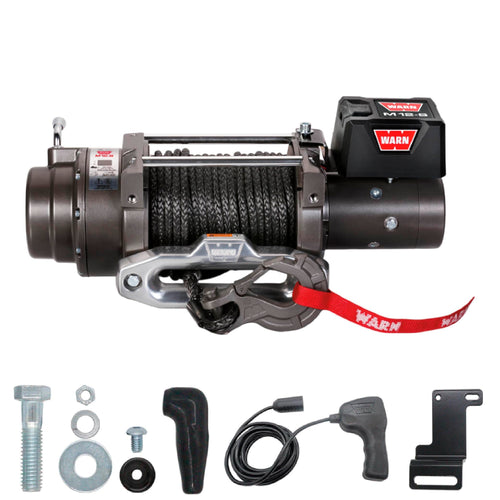 12V WARN M12-S Electric Heavyweight Winch – 12,000 lb Pulling Capacity, Synthetic Rope, Sealed Motor, IP68 Waterproof, All-Metal Gear Train for Off-Road Recovery & Industrial Use