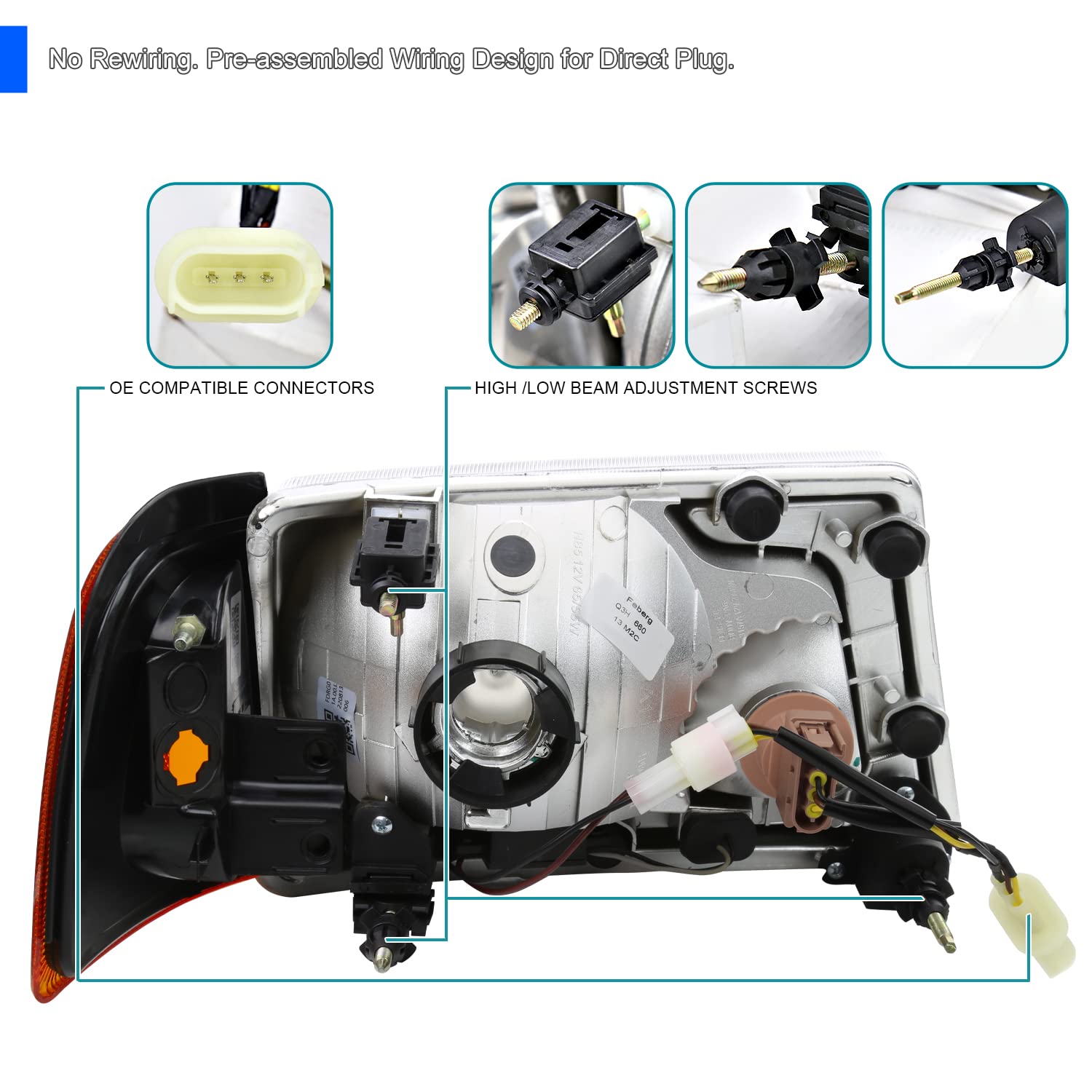 Black LED Tube Headlights SPEC-D TUNING Compatible with 2001-2011 Ford Ranger, Left + Right Pair Headlamps Assembly