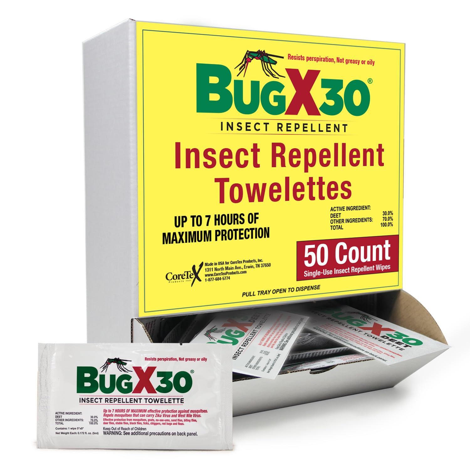 30 Mosquito, Tick, & Insect Repellent Wipes CoreTex Bug X with 30% DEET - Pack of 50 Single-Use Bug Repellent Wipes for Up to 7 Hours of Reliable Protection Against 12 Types of Biting Insects
