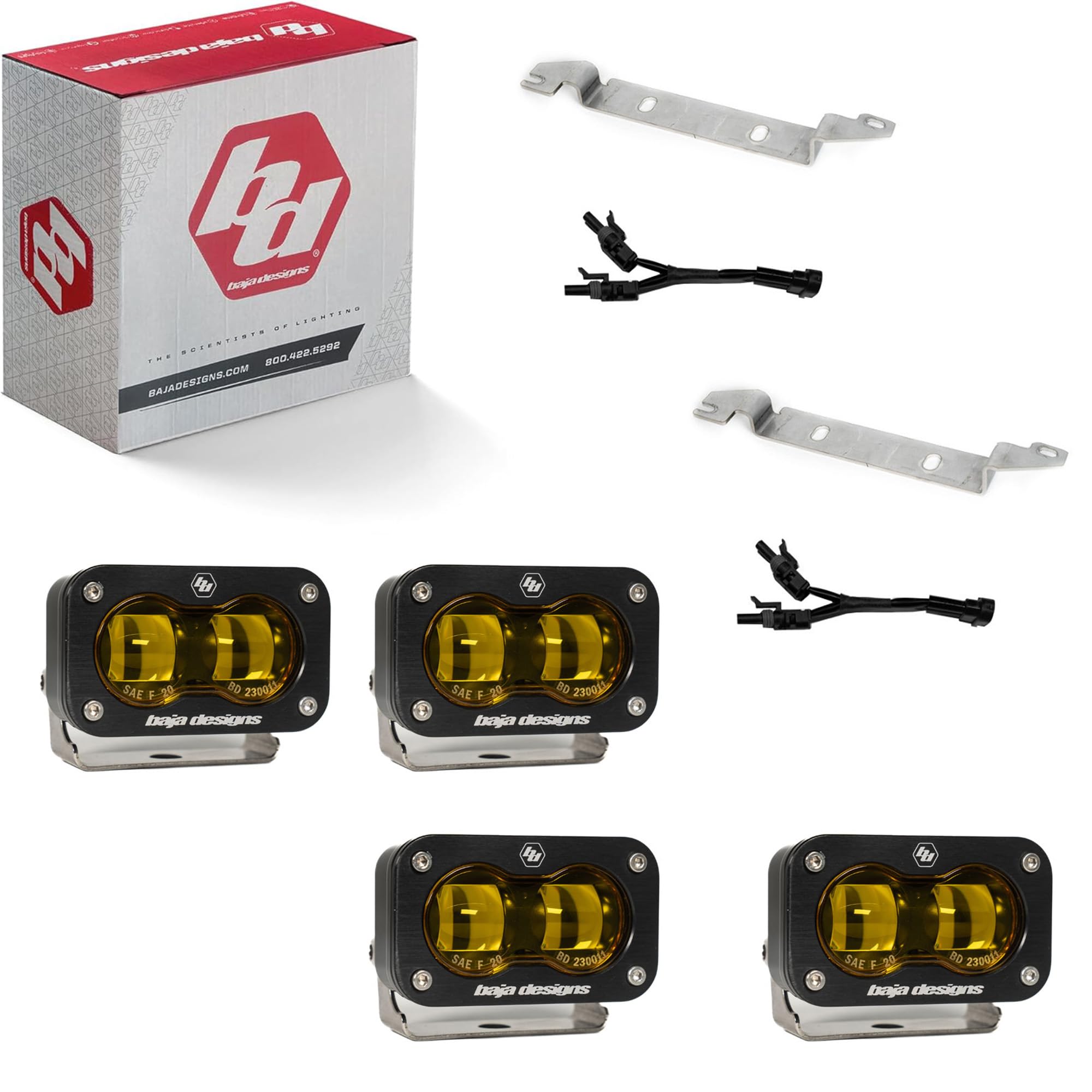 Baja Designs S2 LED Fog Light Kit SAE for Toyota 4Runner 2025+ (Non-TRD Pro) - Street Legal, 4 PCS LED with Mounting Brackets, Adapter Harness - OEM Switch Compatible (SAE Spot Lens; Baja Amber)