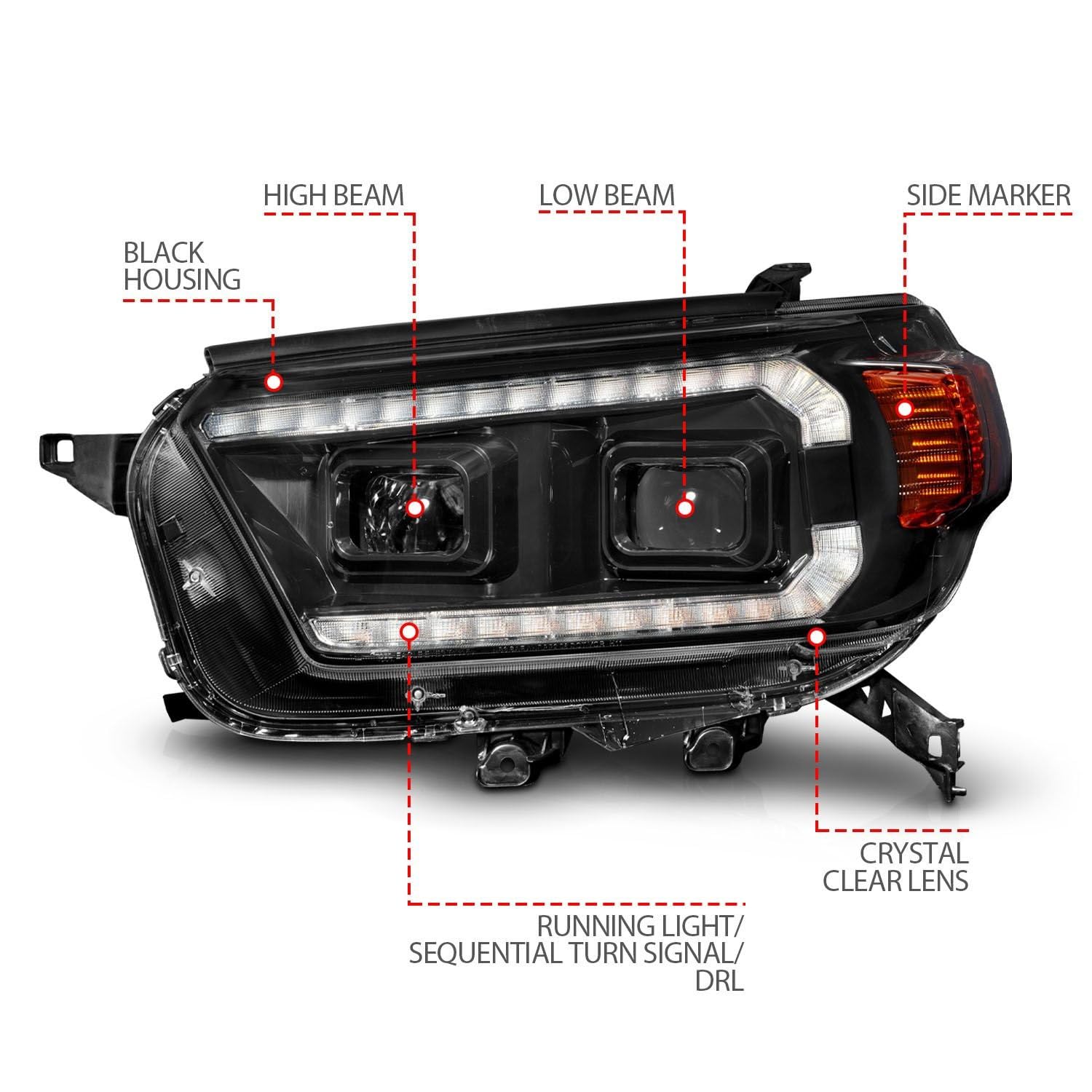 10-13 Toyota 4Runner ANZO Projector Headlights - Black