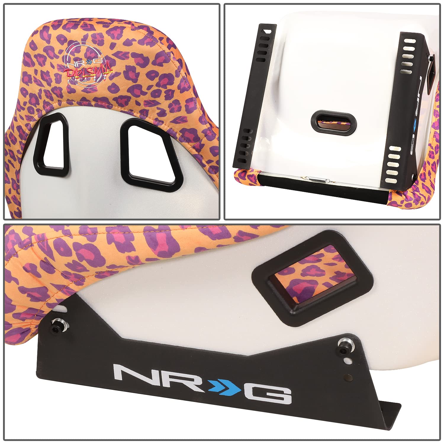 NRG Innovations Prisma Fixed Back Bucket Racing Seat NRG-FRP-303-OR-SAVAGE with Bottom Mount Bracket, Orange Savage Leopard Print Fabric White Pearl Back, 22" W X 34" H X 16" D