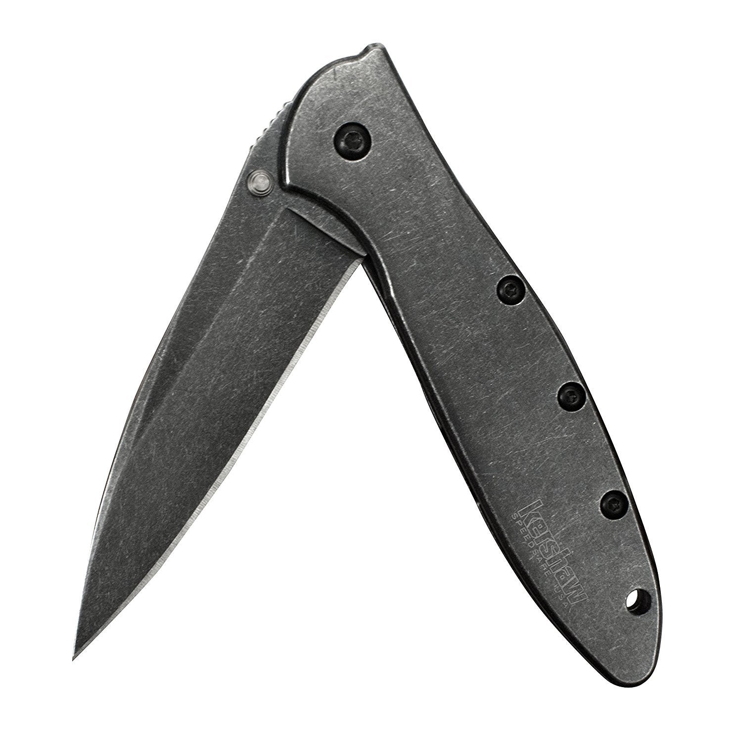Kershaw BlackWash Leek Pocket Knife (1660BLKW); 3 Sandvik 14C28N Steel Blade, 410 Stainless Steel Handle, BlackWash Finish, SpeedSafe Assisted Open, Frame and Tip Locks, Reversible Pocketclip; 3 OZ