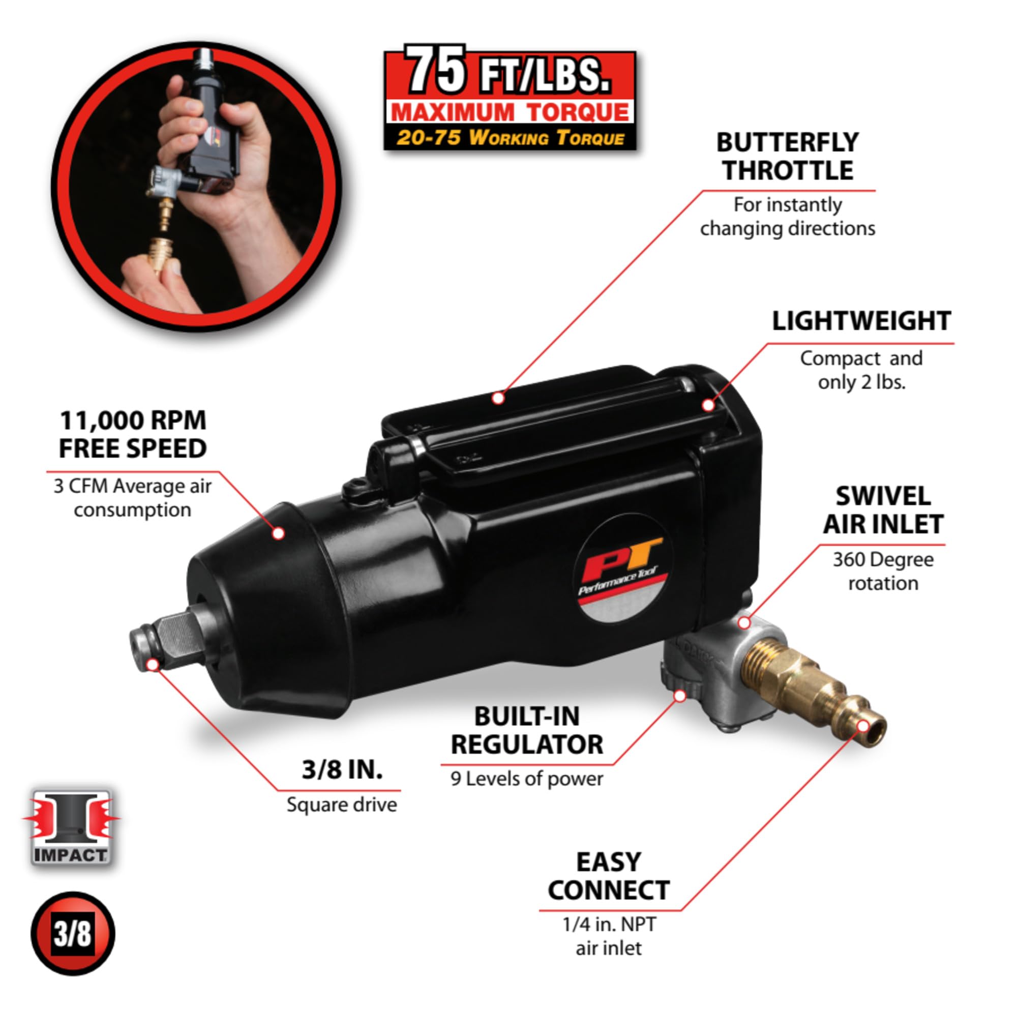M562DB Performance Tool 3/8-Inch Drive Butterfly Impact Wrench, Working Torque: 20-75ft/lbs , Black