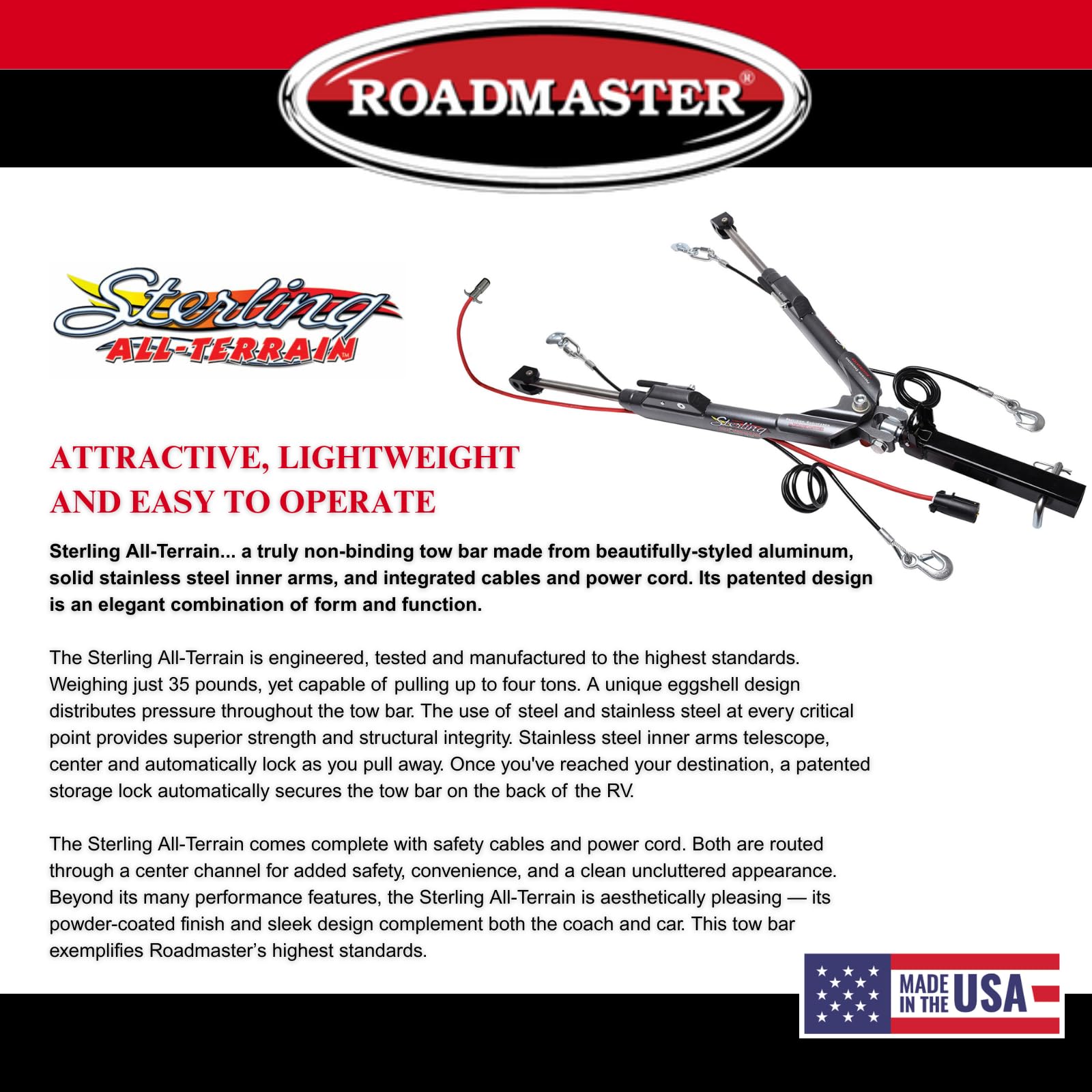 Roadmaster Sterling 576 All Terrain Tow Bar fits Roadmaster Baseplates | Hauls Up to 8,000 lbs | Non-Binding Design | Large Hook-Up Radius | Powder-Coated Finish