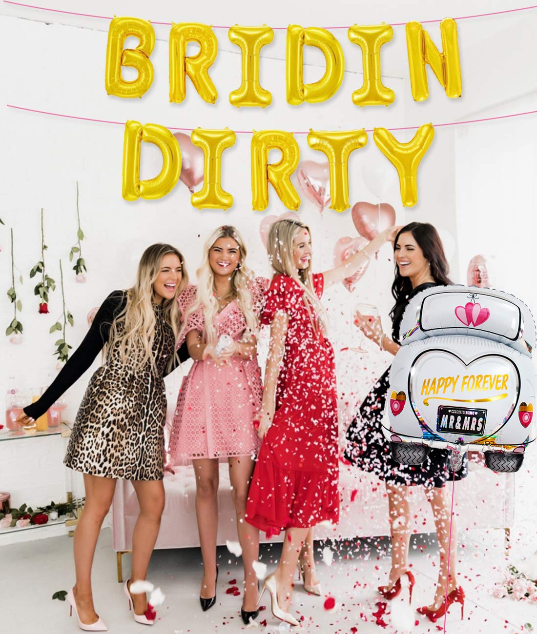 Gold Bridin Dirty Bachelorette Party Decorations Kit BRIDIN DIRTY Foil Balloon for Bachelorette Bridal Wedding Engagement Hen Party with Wedding Car Foil Balloon