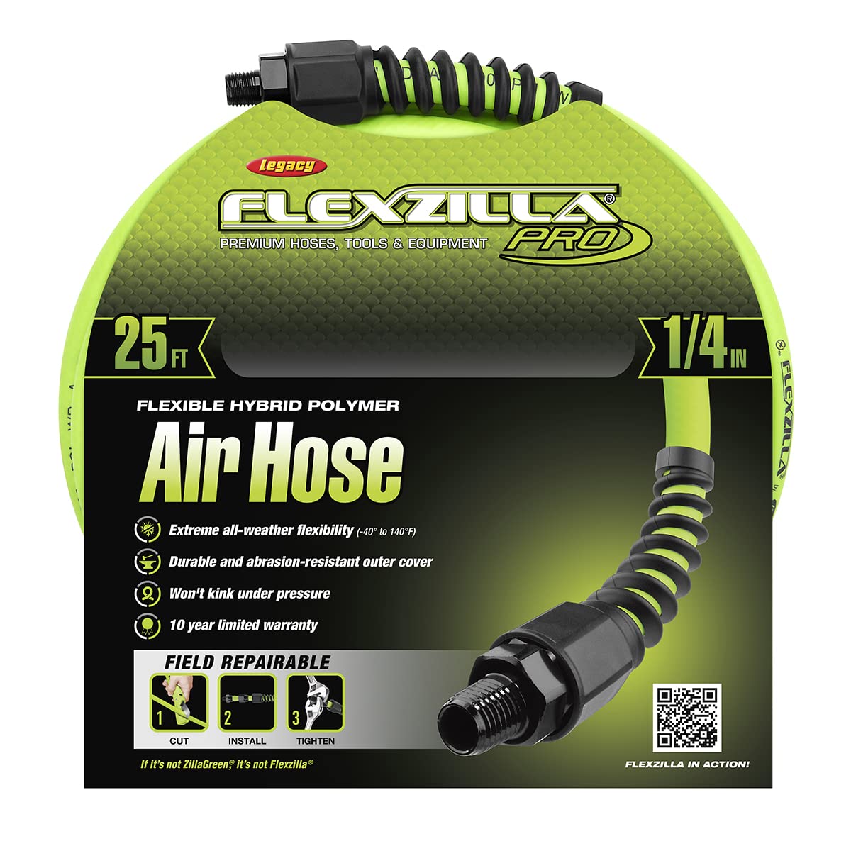 1/4 in. Flexzilla Pro Air Hose, 25 ft., Heavy Duty, Lightweight, Hybrid, ZillaGreen - HFZP1425YW2