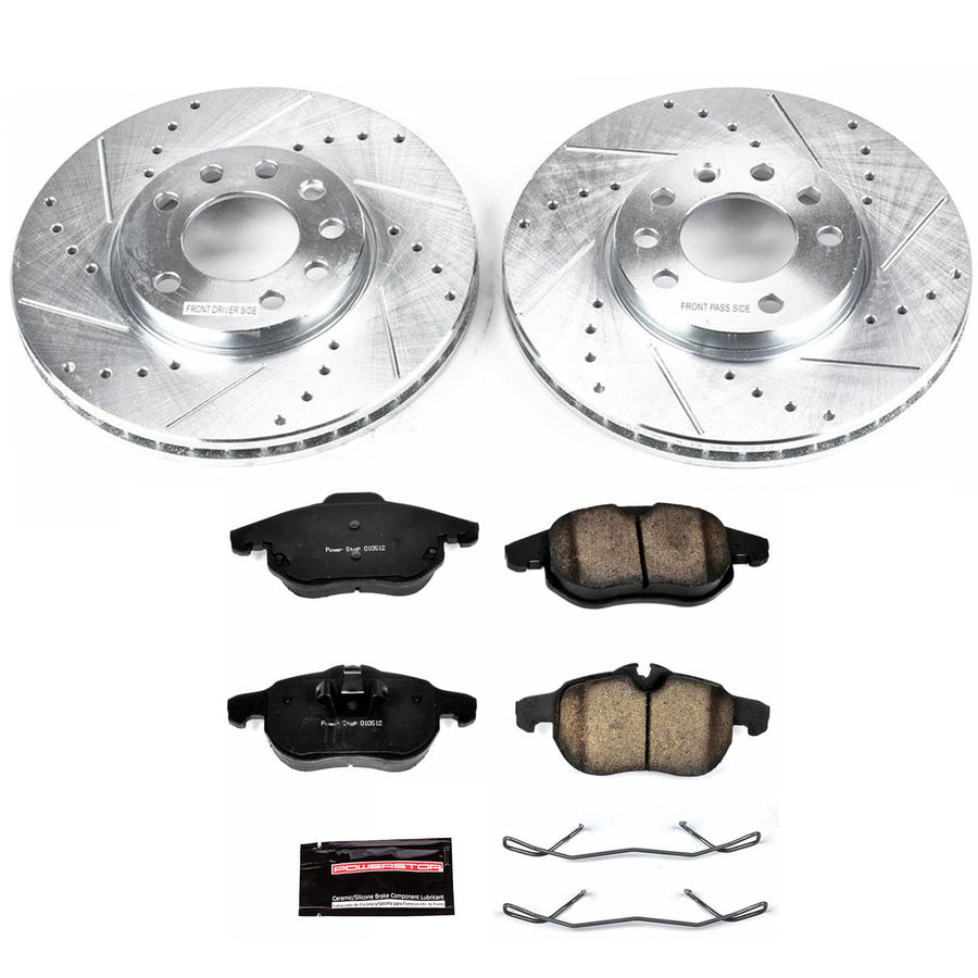 Power Stop K978 Front Brake Pads Z23 Carbon Fiber with Drilled & Slotted Brake Rotors Kit For Saab 9-3 2003-2011, Saab 9-3X 2010-2011 [Model Specific]