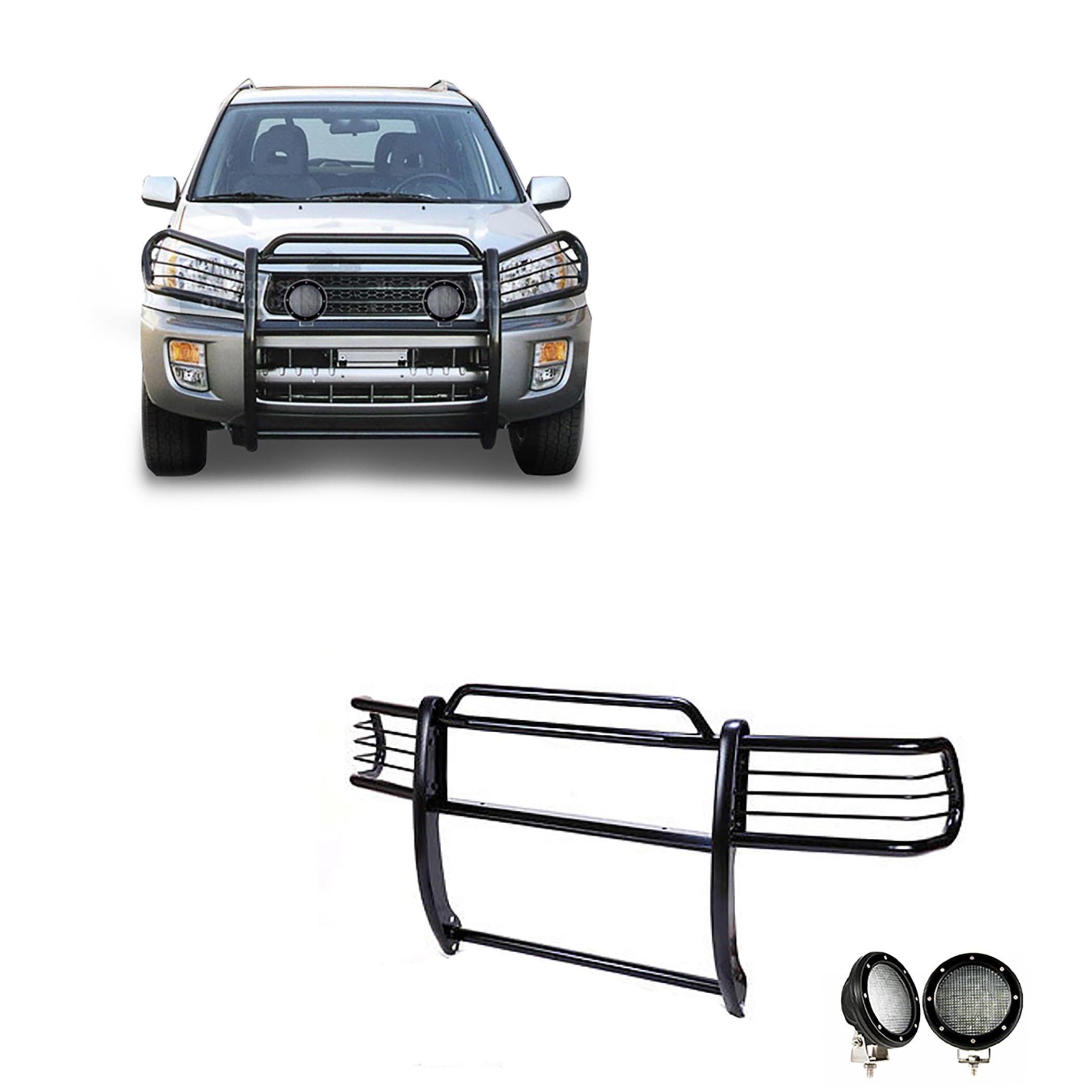 Bumper Guard Black Horse Grille Brush Modular Black Come with Pair of 5.3" Dia.LED Lights with Black Trim Rings Compatible with 2001-2005 Toyota RAV4-17TH26MA-PLFB