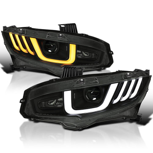 Black Smoke LED Tube Projector Headlights SPEC-D TUNING w/Switchback Sequential Signal Compatible with 2016-2021 Honda Civic Models with Factory Halogen Headlights Left + Right