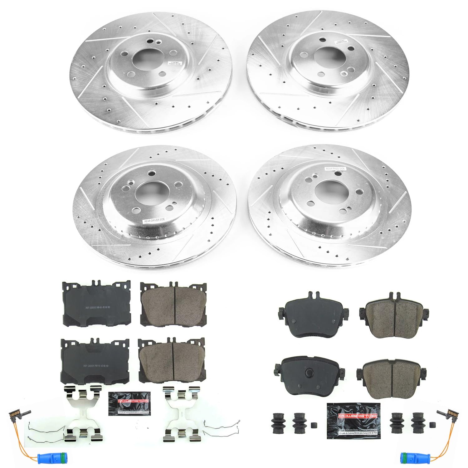 Power Stop K7987 Z23 Carbon Fiber Brake Pads Front and Rear with Drilled & Slotted Brake Rotors Kit For Mercedes-Benz E300 2017-2019, Mercedes-Benz E350 2020-2022 [Model Specific]