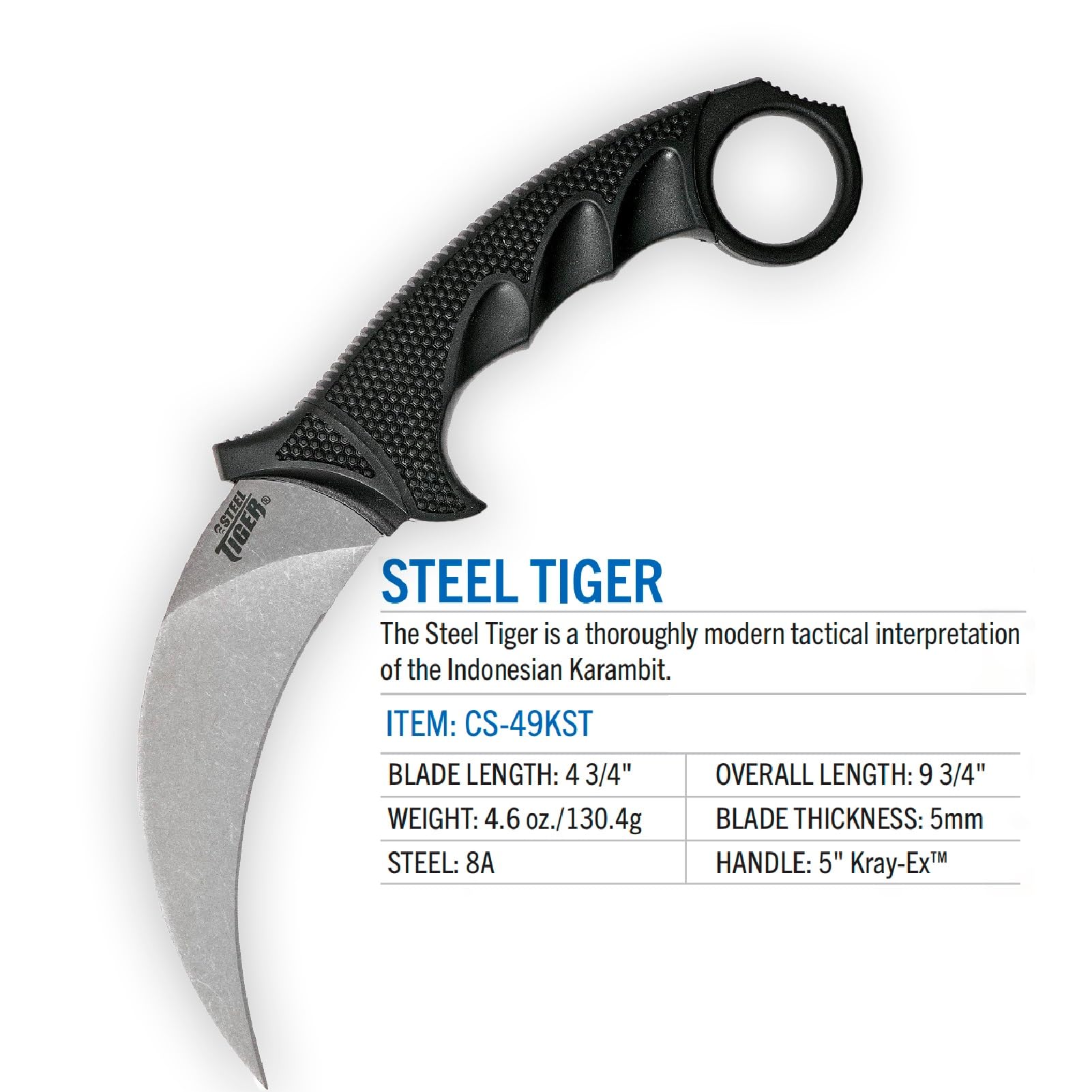 Tiger Cold Steel 4.75'' Japanese Aus8A Stainless Steel W/ Stonewashed Finish Karambit Shape Fixed Blade Tactical Hunting Knife, Kray-Ex Handle, Secure-Ex Sheath