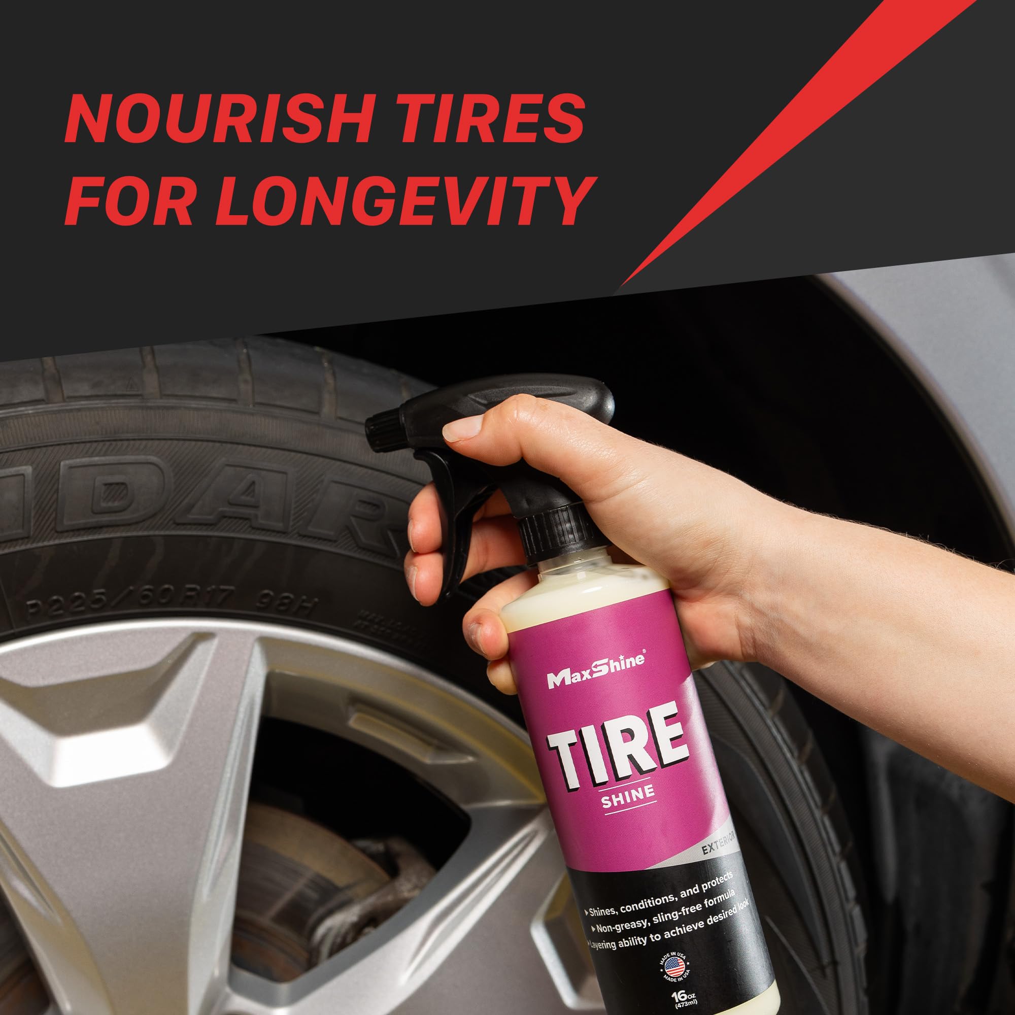 Tire Shine Maxshine 16oz | Acrylic Formula Tire Dressing with UV Protection | No-Sling, Dry-to-The-Touch Finish | Gloss Enhancer Nourishes Rubber & Protects Tires | Professional Car Detailing Supply
