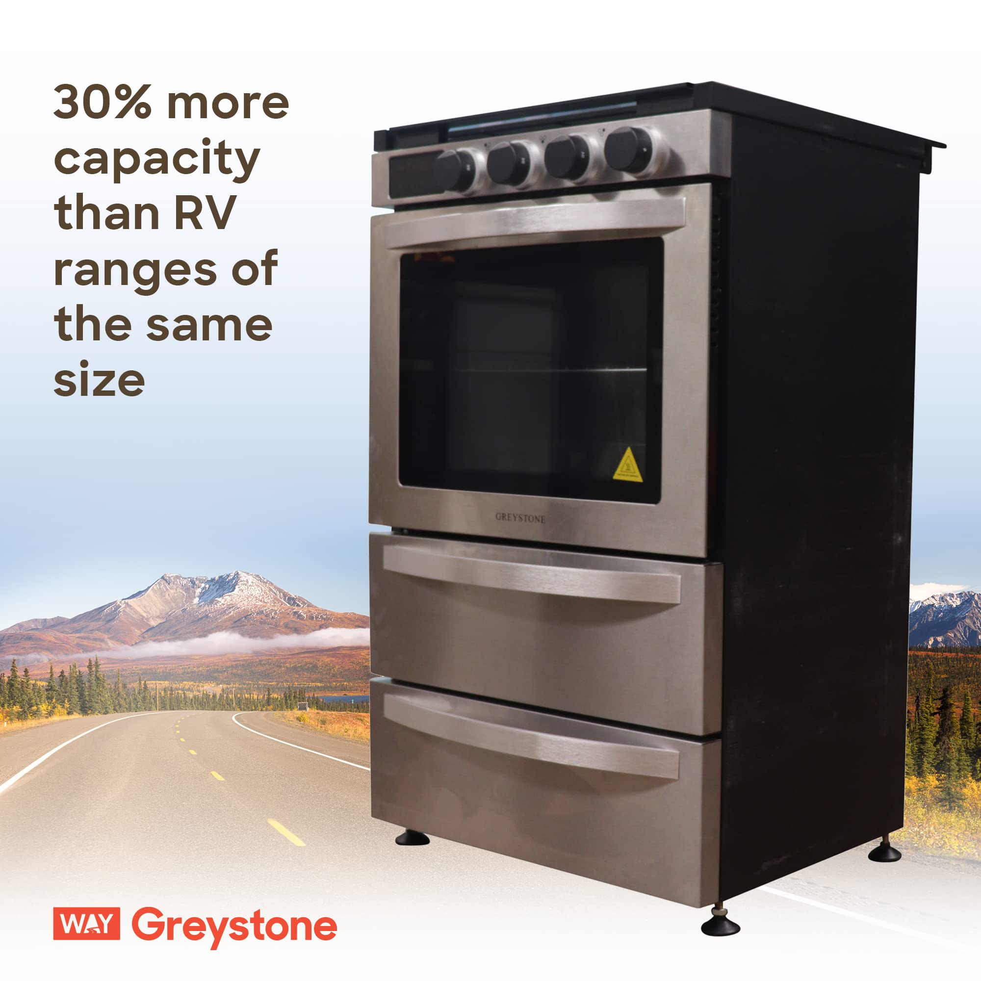 21 Inch Greystone Freestanding RV Gas Range, Stove and Oven Combo, 12 Volt, LP, 3 Burners, Stainless Steel