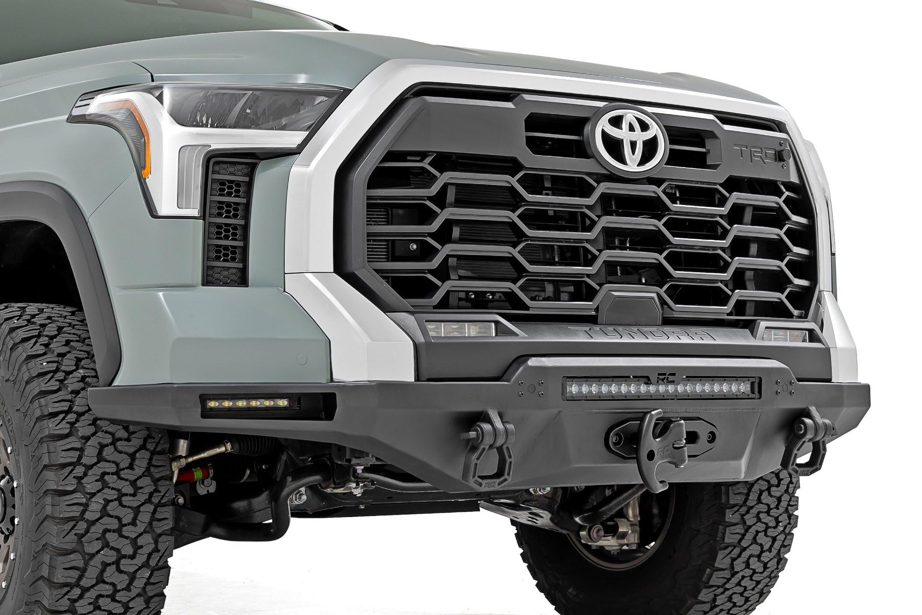 Rough Country Hybrid Front Bumper with LED Light & PRO12000S Winch for Toyota Tundra (2022-2024) - 12000 LB Synthetic Rope Winch, 20" LED Bar Amber DRL, Dual 6" Slimline LEDs