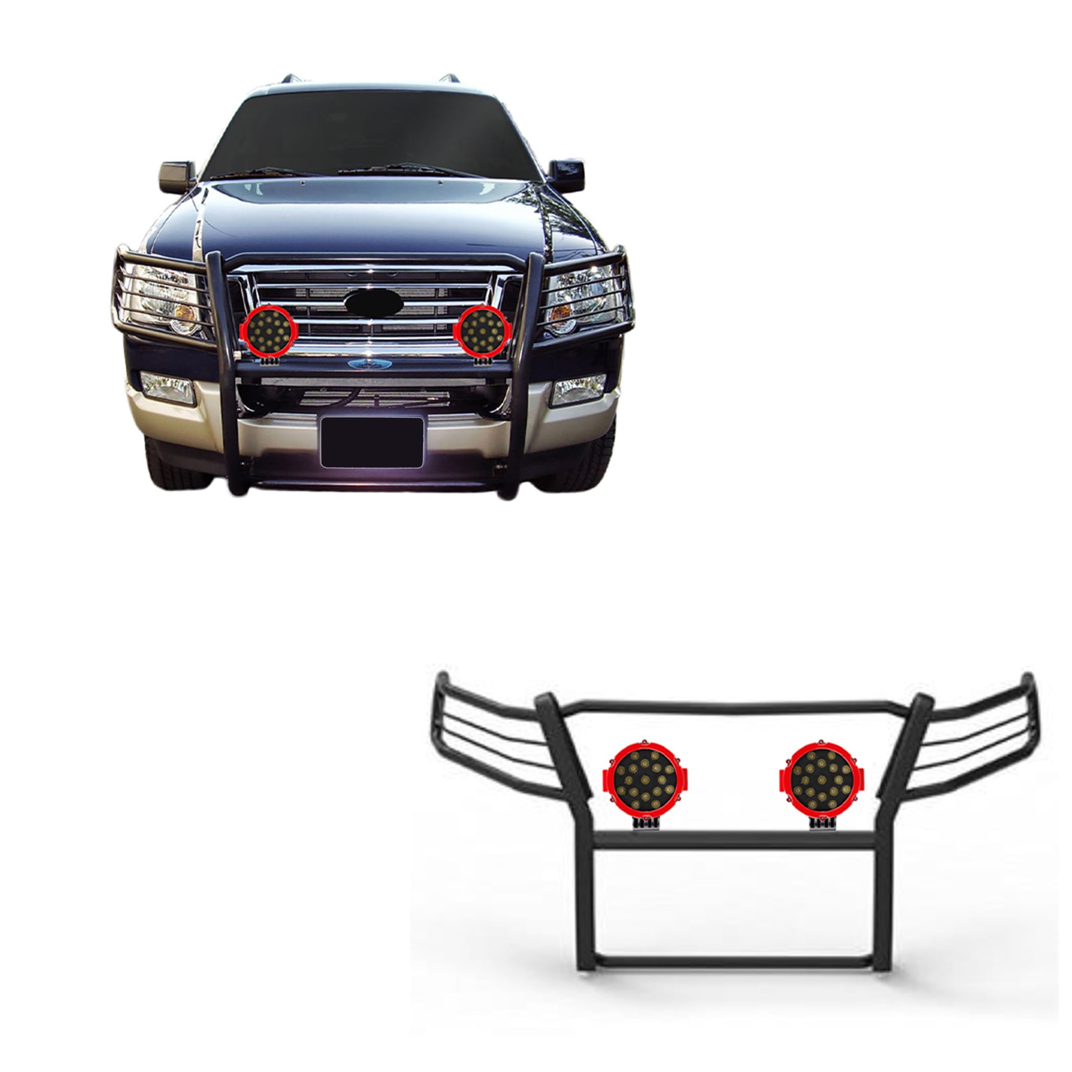 Black Horse Grille Brush Bumper Guard Black Modular Come with Pair of 7.0" Dia.LED Lights with Red Trim Rings Compatible with 2006-2010 Ford Explorer|2006-2010 Ford Explorer-17A047600MA-PLR