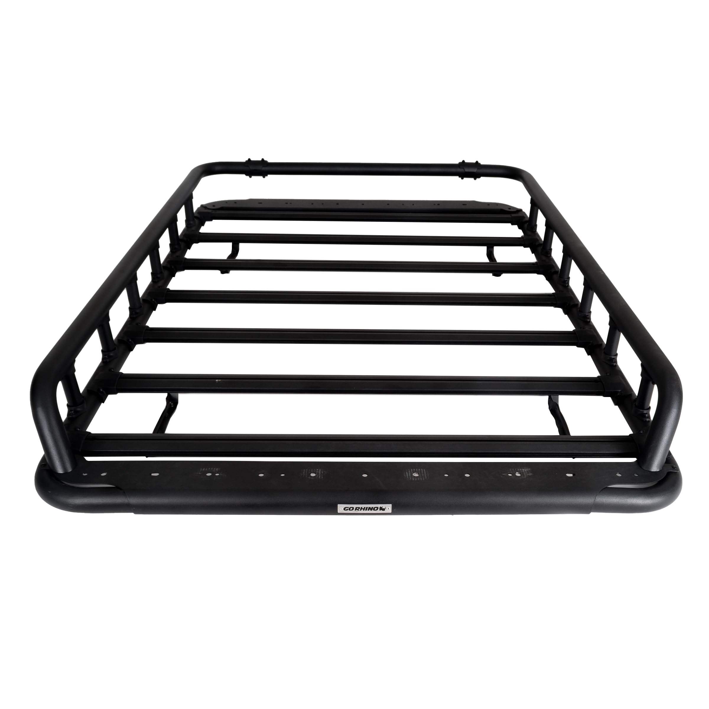 Go Rhino 500 SRM Flat Platform Roof Rack w/Tri-Rail & Clamps | Aluminum, Textured Black, L: 75" x W: 52" | 5935372T | Mounts to Most Cross Bars