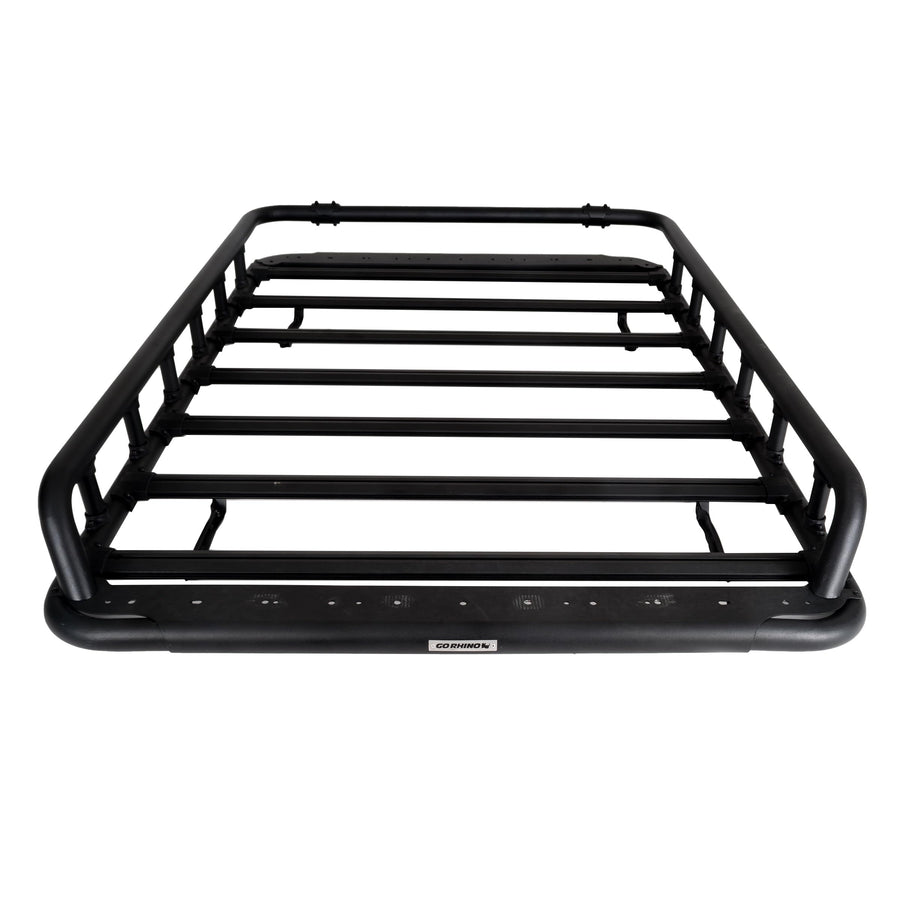 Go Rhino 500 SRM Flat Platform Roof Rack w/Tri-Rail & Clamps | Aluminum, Textured Black, L: 75" x W: 52" | 5935372T | Mounts to Most Cross Bars