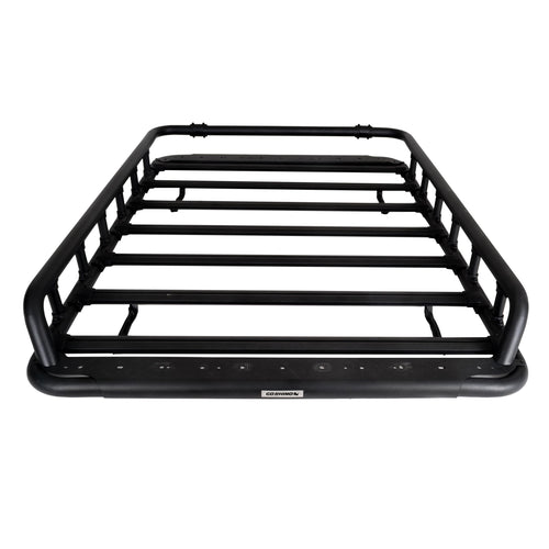 Go Rhino 500 SRM Flat Platform Roof Rack w/Tri-Rail & Clamps | Aluminum, Textured Black, L: 75" x W: 52" | 5935372T | Mounts to Most Cross Bars