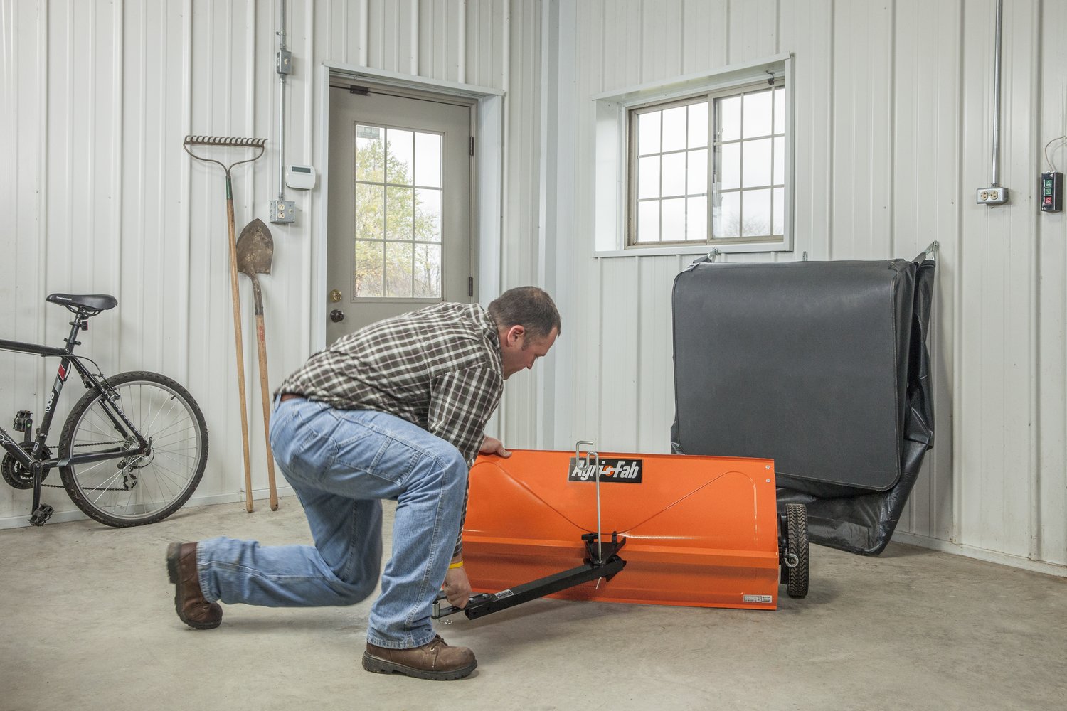 44" Agri-Fab Tow-Behind Lawn Sweeper, 28 cu. ft Hopper Bag Capacity; Leaf & Grass Catcher, with Adjustable Brush Height and Dump From Seat Handle