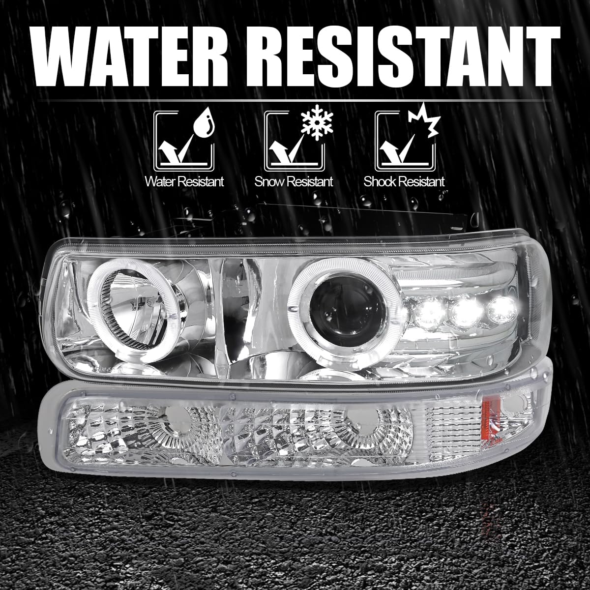 Chrome LED Halo Projector Headlights + Bumper Lights SPEC-D TUNING Compatible with 1999-2002 Chevy Silverado 2000-2006 Tahoe, Left + Right Pair Headlamps Assembly