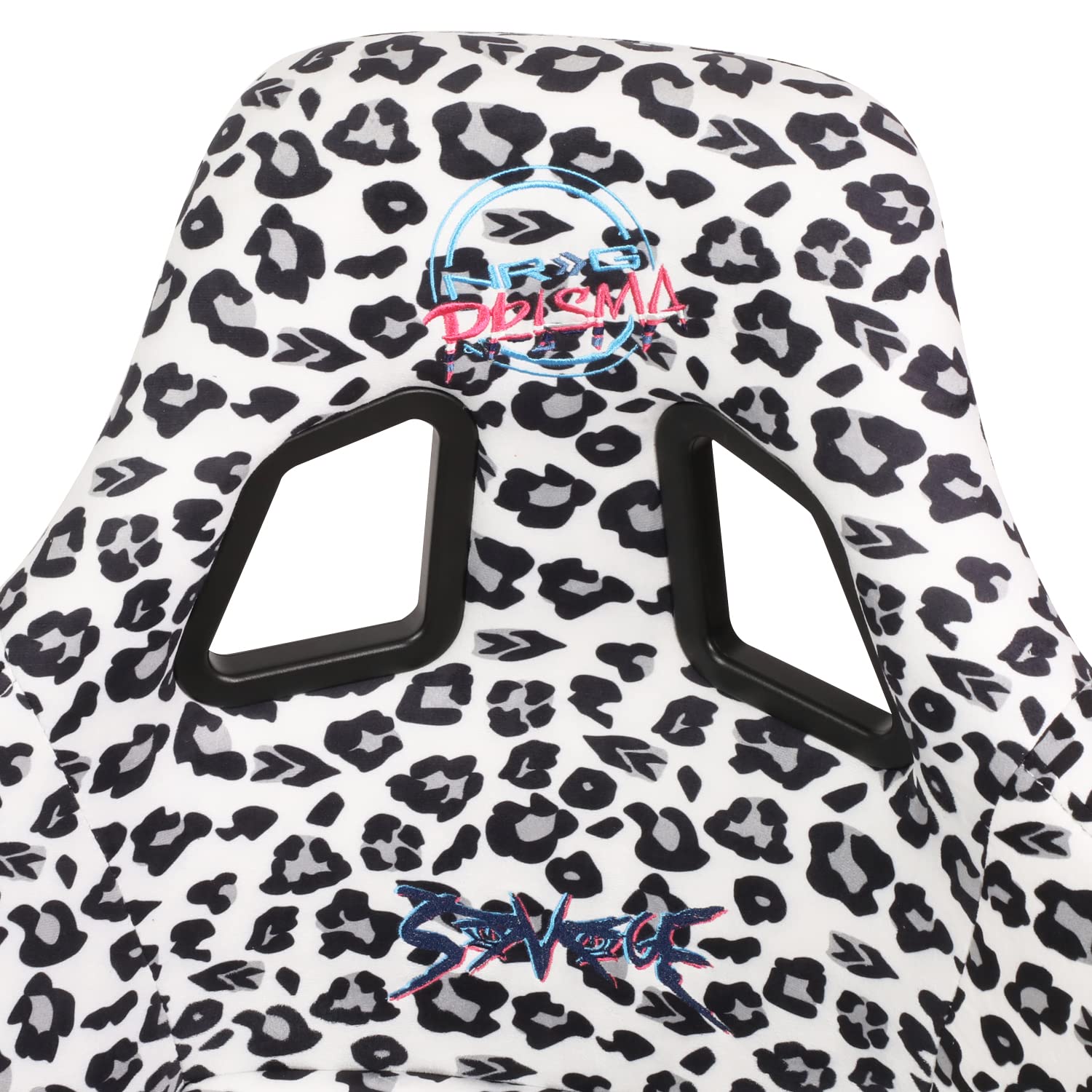 NRG Innovations Prisma Fixed Back Bucket Racing Seat NRG-FRP-302-WT-SAVAGE with Bottom Mount Bracket, White Savage Leopard Print Fabric/White Pearl Back, 24" W X 36" H X 18" D