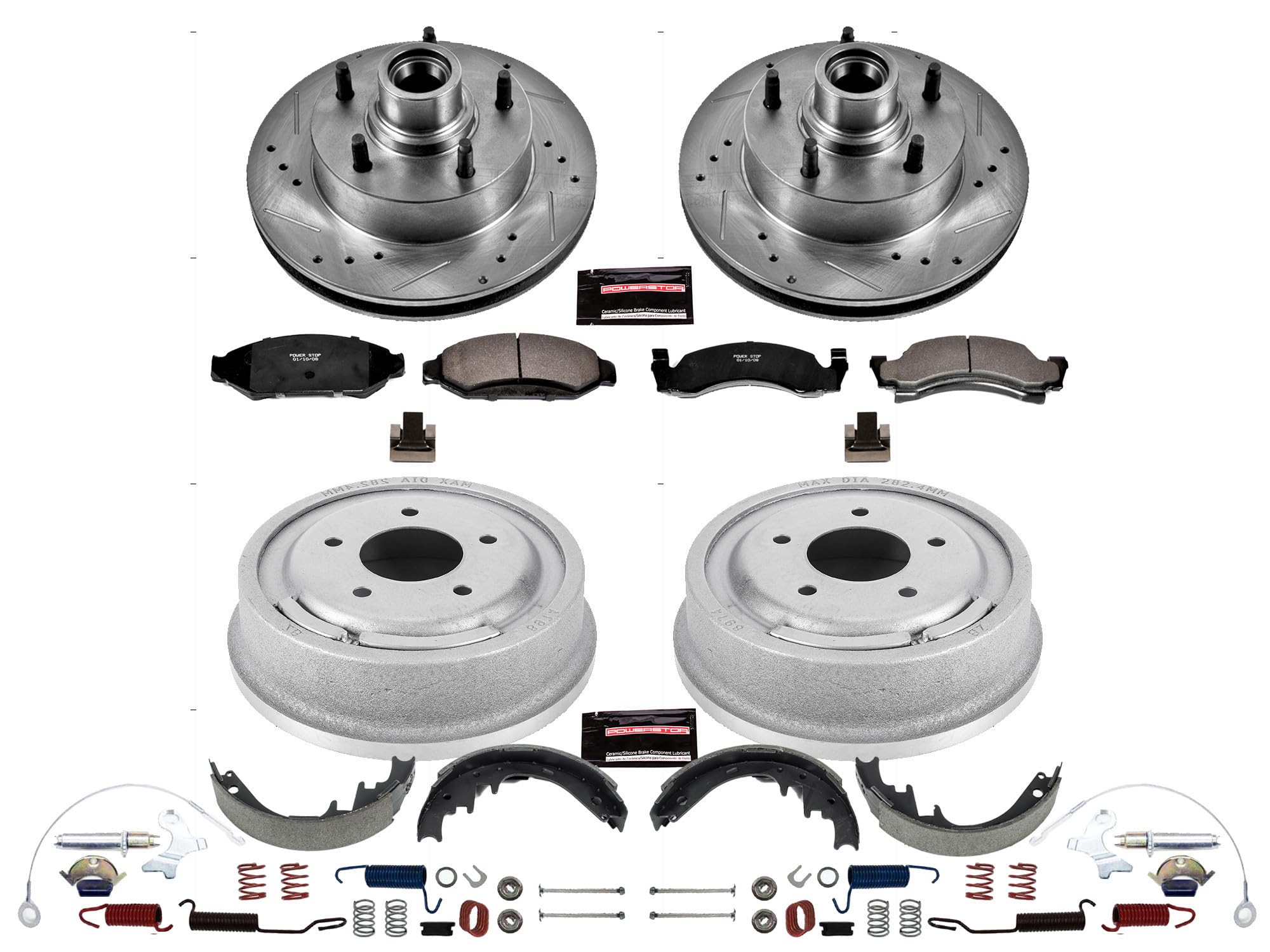 Power Stop K15089DK Z23 Carbon Fiber Brake Pads Front and Rear with Drilled & Slotted Brake Drums Kit For Ford E-150 Econoline, Ford E-150 Econoline Club Wagon, Ford F-150 [Model Specific]