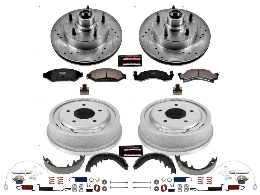 Power Stop K15089DK Z23 Carbon Fiber Brake Pads Front and Rear with Drilled & Slotted Brake Drums Kit For Ford E-150 Econoline, Ford E-150 Econoline Club Wagon, Ford F-150 [Model Specific]