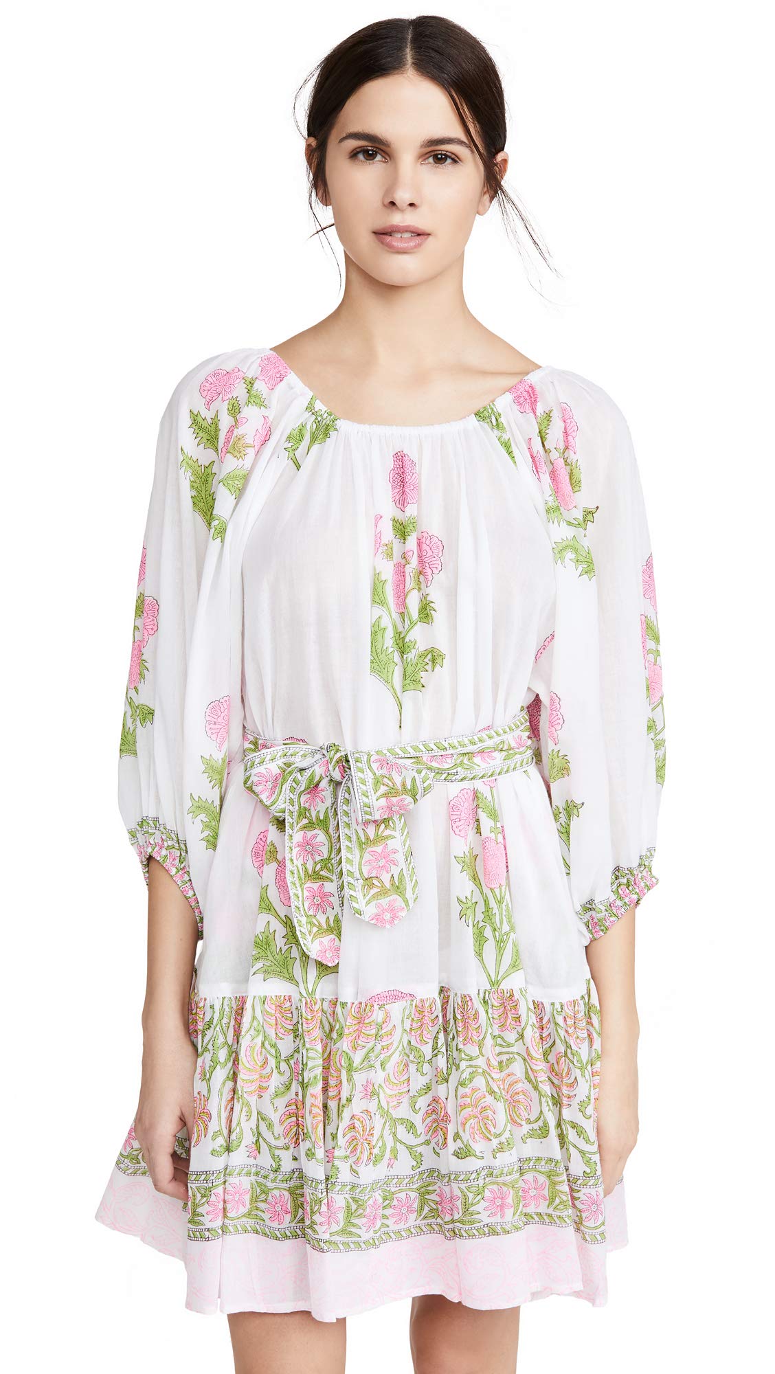 Women's Cotton Boho Dress Juliet Dunn, White/Pale Pink Neon, One Size