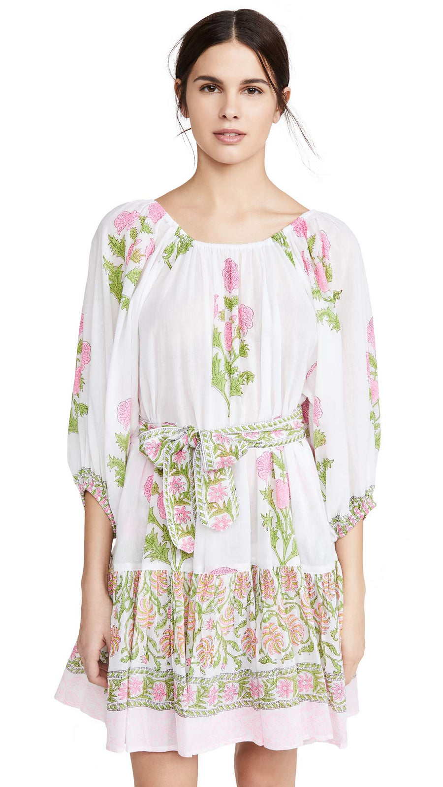 Women's Cotton Boho Dress Juliet Dunn, White/Pale Pink Neon, One Size
