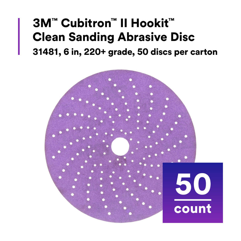 3M Cubitron II Clean Sanding Hookit Abrasive Disc 31481, 6 in, 220+ Grade, Pack of 50 Discs, Virtually Dust-Free, High Performance, Long Lasting, Multi-Hole Pattern, Feather Edging, Stock Removal