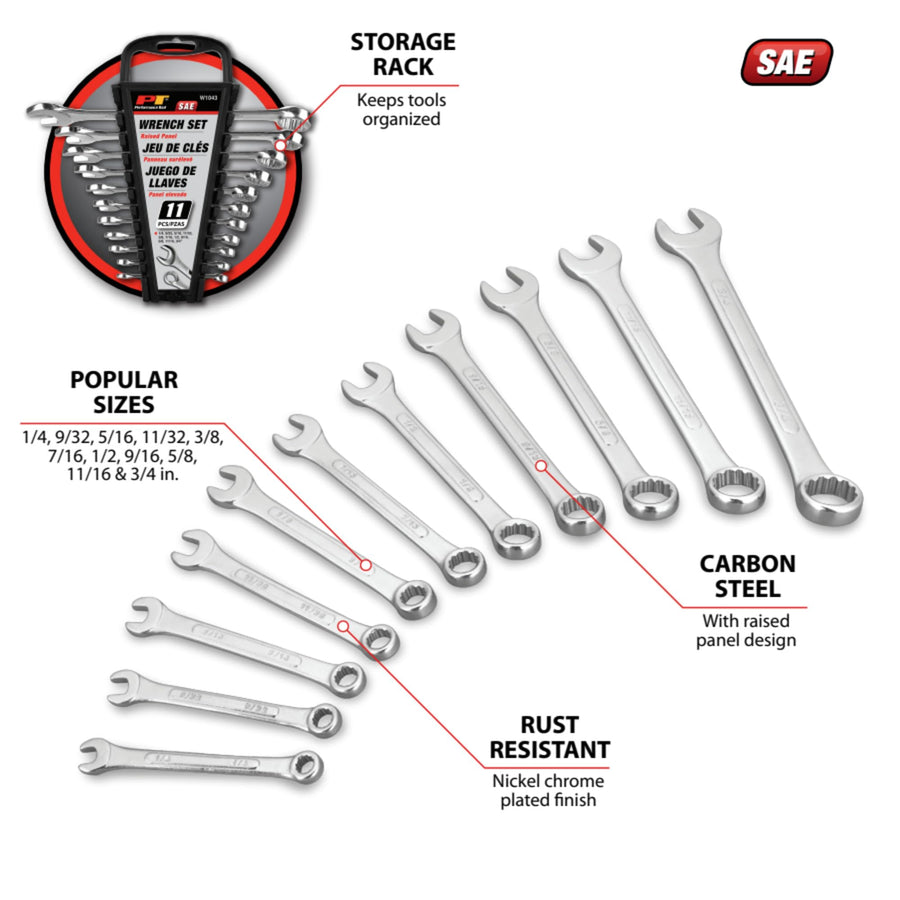 W1042 Performance Tool 11 Pc. SAE Wrench Set - Nickel Chrome-Plated, Carbon Steel, Storage Rack