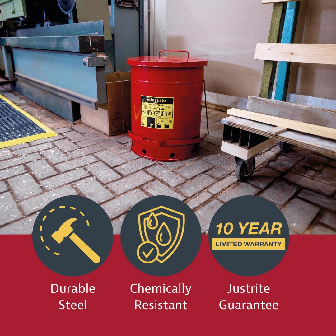10 Gallon Justrite Galvanized Steel Oily Waste Can, 18" x 14" Metal Oil Rag Safety Can with Quiet Foot Operated Self-Closing Lid for Oil Rag Disposal, Made in The USA, Red, 09308