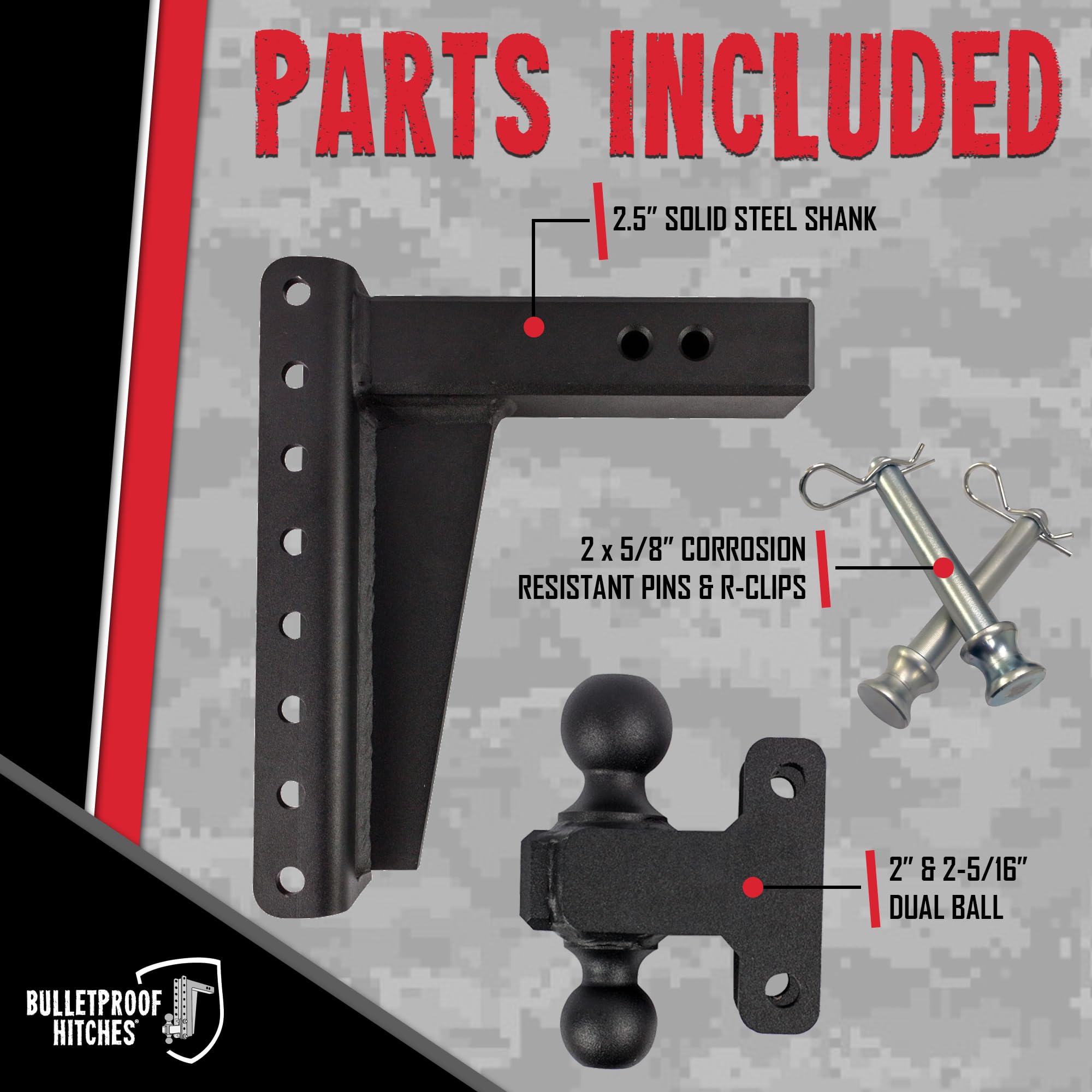 2.5" BulletProof Hitches Adjustable Heavy Duty Trailer Hitch (22,000 lb. Rating) - 10" Drop/Rise Trailer Hitch with 2" & 2-5/16" Dual Ball - Powder Coat, Solid Steel, Corrosion-Resistant
