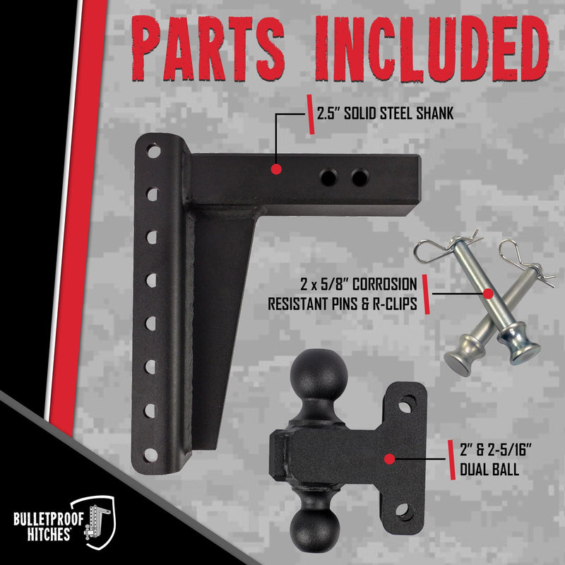 2.5" BulletProof Hitches Adjustable Heavy Duty Trailer Hitch (22,000 lb. Rating) - 10" Drop/Rise Trailer Hitch with 2" & 2-5/16" Dual Ball - Powder Coat, Solid Steel, Corrosion-Resistant