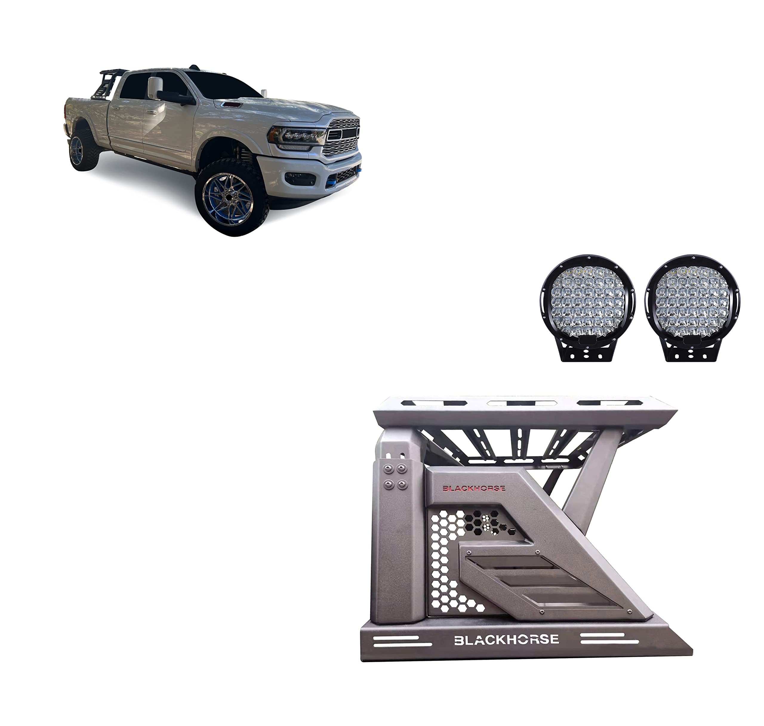 Armour II Black Horse Roll Bar W/Basket Kit Bk Compatible with 00-24 Ram 2500/3500|01-24 Silverado 2500/3500 HD|00-24 F-150|17-24 Titan|01-24 Sierra 1500|07-24 Tundra|01-24 GMC Sierra 1500/2500 HD