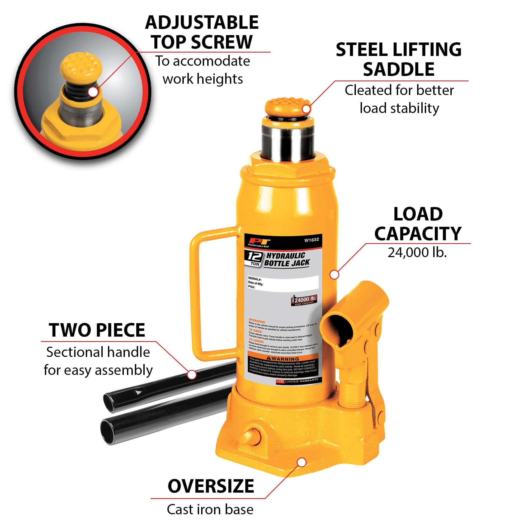12 Ton Performance Tool W1632 Heavy Duty Hydraulic Bottle Jack, Yellow (24,000 lbs.)
