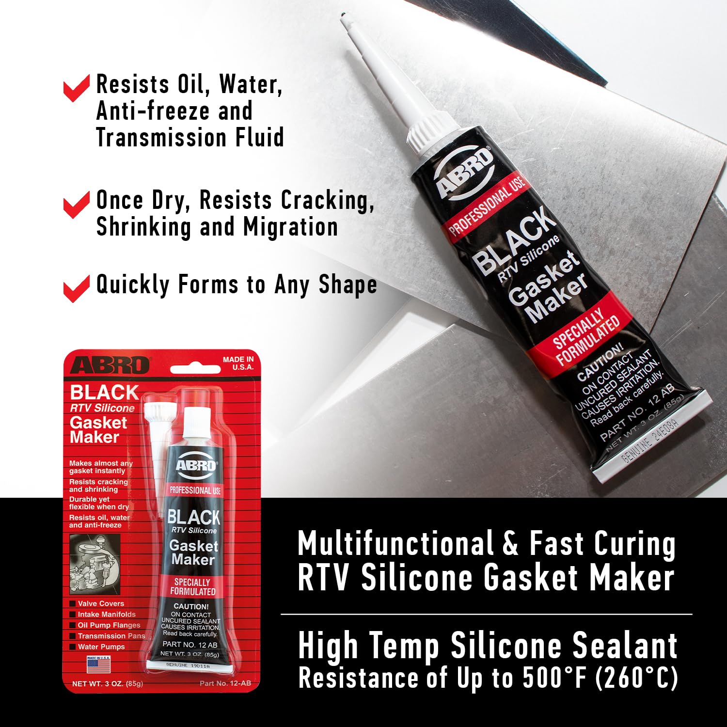 RTV Silicone Sealant and Gasket Maker ABRO: Up to 500 Degree F Heat, High Temp Silicone Sealant, 3 oz/85g Tube - Black